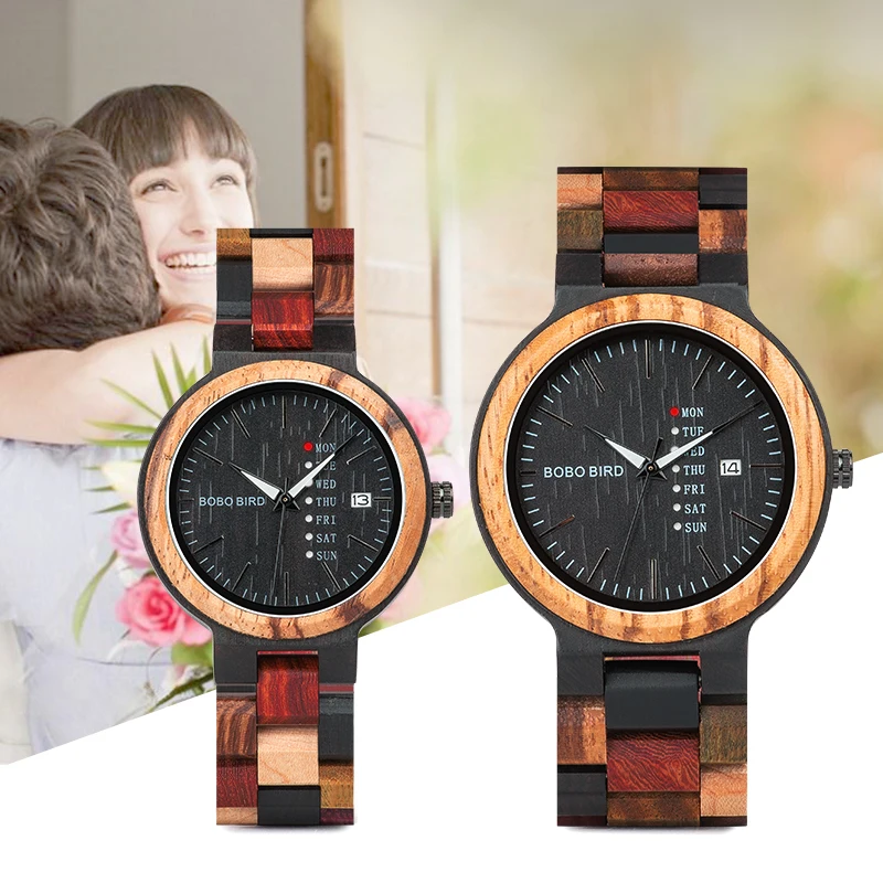 BOBO BIRD Couple Watch Colorful Wooden Strap Watch for Women Week Date Display Quartz Wood Wristwatch for Men Women reloj mujer wood watch bobo bird men s quartz wristwatches display date week timepieces for men reloj hombre great gift custom dropshipping