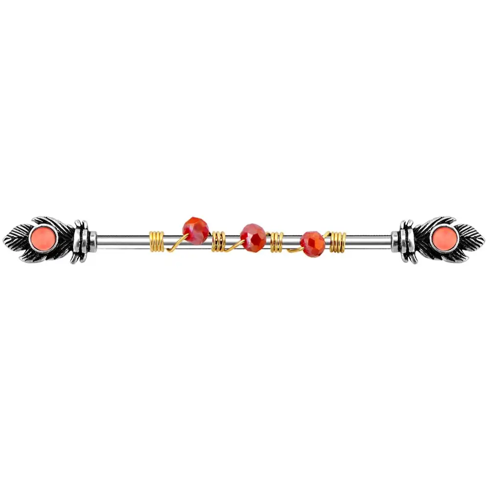 Промышленные кольца для тела в стиле панк, 14 г, перо с красным камнем, промышленные ювелирные изделия для пирсинга штанги
