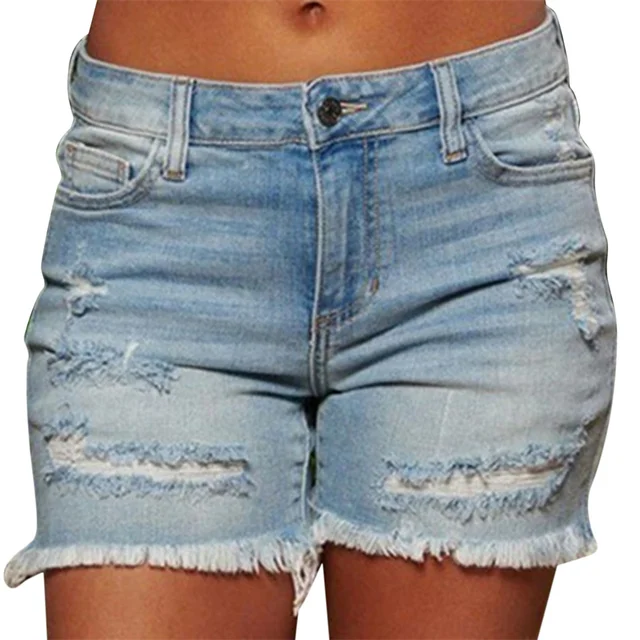  - Blue Ripped Denim Shorts With Tassel Pockets Women 2023 Summer Streetwear High Waist Button Up Sexy Hole Rave Jean Shorts