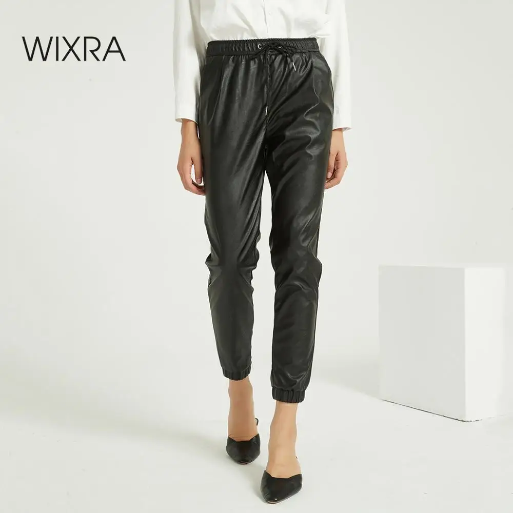Wixra Новые Женские однотонные брюки из искусственной кожи женская зимняя одежда с
