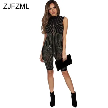 

Sheer Mesh Rhinestones See Through Bodysuit Women Mock Neck Sleeveless One Piece Overall Elegant Night Club Party Short Playsuit