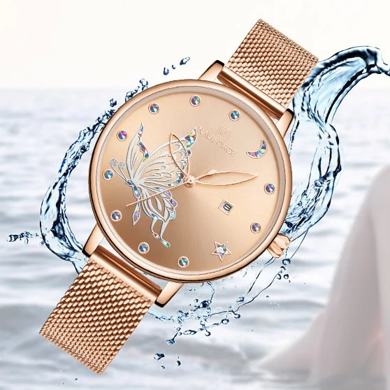 NAVIFORCE, модные роскошные женские часы с кристаллами, водонепроницаемые, розовое золото, сталь, сетка, кварцевые женские часы, Лидирующий бренд, Relogio Feminino