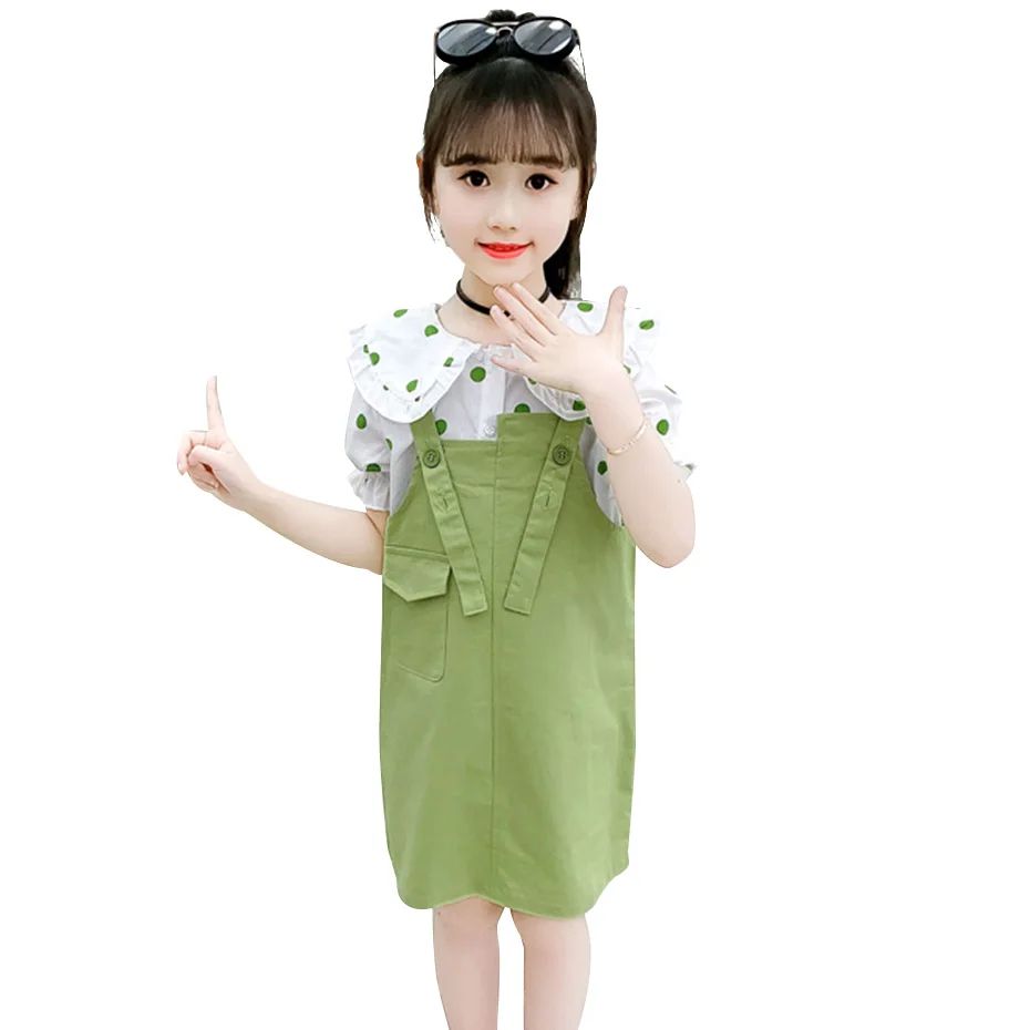 Girls Summer Clothes Dot Teenage Clothing Blouse + Jumpsuit For Butterfly Sleeve Children's Suits |