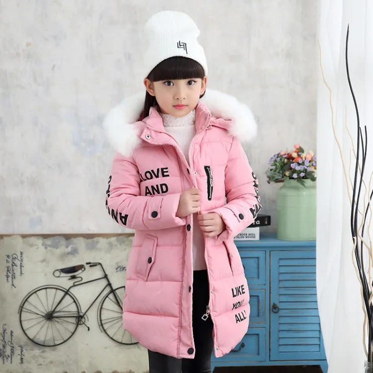  Winter Warm Cotton Print Child Long Coat Children Outerwear Fur Collar Baby Girls Jackets Heavyweig