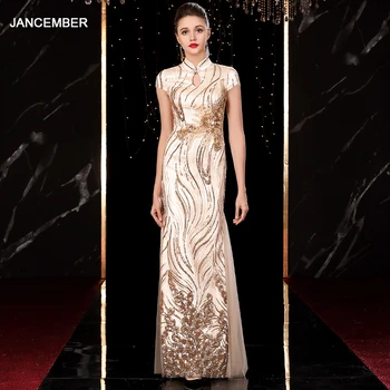 

Jancember Gold Mermaid Evening Dresses High Neck Luxury Evening Dresses Stereo Sequin Embroidery Long Robe Longue Soiree