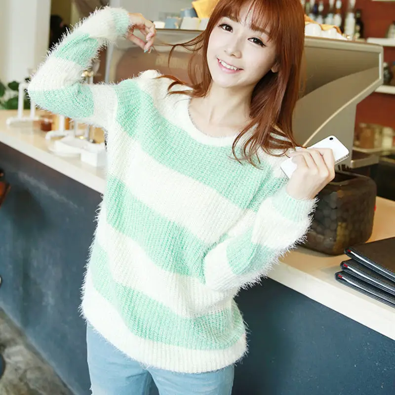 argyle sweater Spring Autumn Mohair Women's Sweater Round Collar Long Sleeve Pullover Knitted Striped Loose Fashion Office Lady Sweater cardigan for women