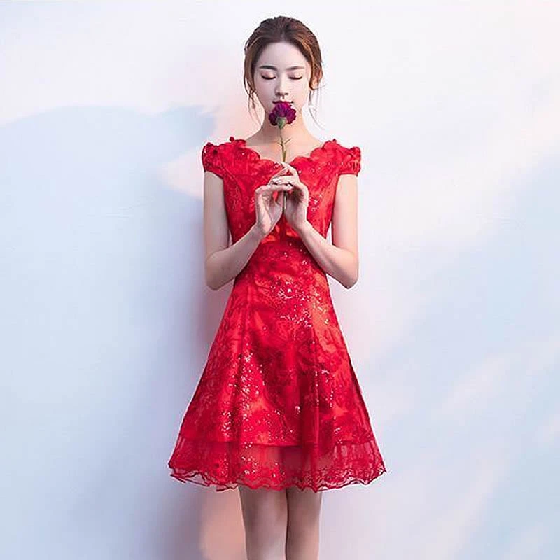Красное китайское традиционное свадебное платье с блестками Qipao кружевное