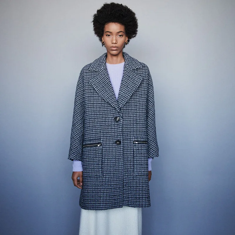 Осень и зима Новое Женское шерстяное клетчатое пальто с отложным воротником ovesized