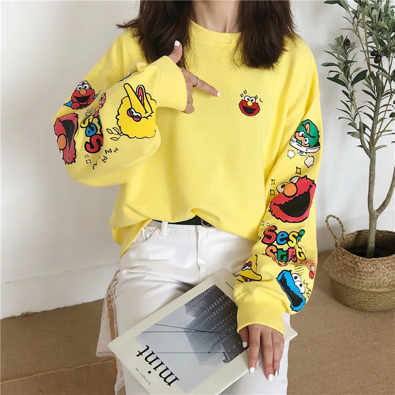 

Streetwear Print Cartoon Women Sweatshirt 2019 Autumn Fall Winter Pullovers O-Neck Yellow Gray New Collection Outerwear Womens