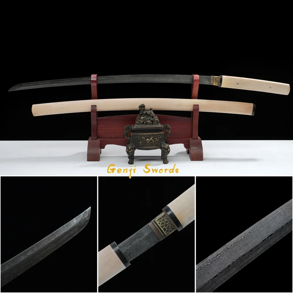 Ancient Handmade Katana Japanese Samurai Straight Sword Sharp Edge Damascus Folded Steel Antique Blade by Yongli Sword