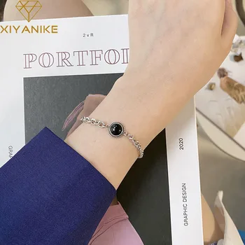 

XIYANIKE 925 Sterling Silver New Korean Thai Silver Black Agate Zircon Rhineston Bracelet Female Retro Simple Couple браслет
