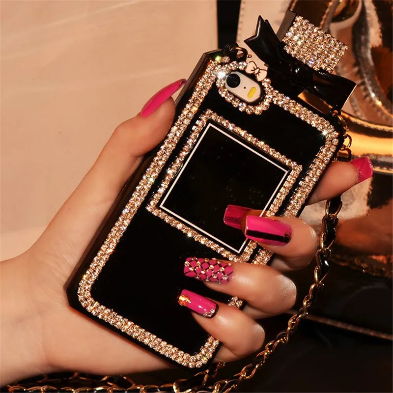 Luxury Perfume Bottle Design 3D Diamond Handmade Phone TPU Soft Cases For  iPhone 14 12 13 Pro XS Max Cover With Metal Chain