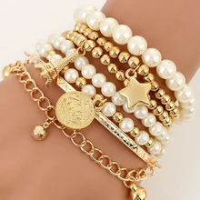 Браслет женский модный милый горный хрусталь Эйфелева Башня логотип жемчуг ретро монета шесть частей многослойный эластичный золотой браслет