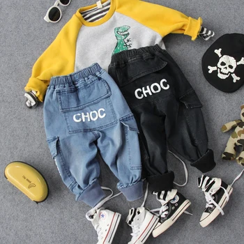 

2-8Y new winter boys thick warm fleece inside letter denim pant kids winter fashion style casual pant boys trousers