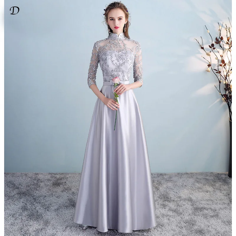 A-Line Bridesmaids Dress Robe de Soiree Vestido de Fiesta Elegant Silver Grey Formal Prom Dress TS-1804