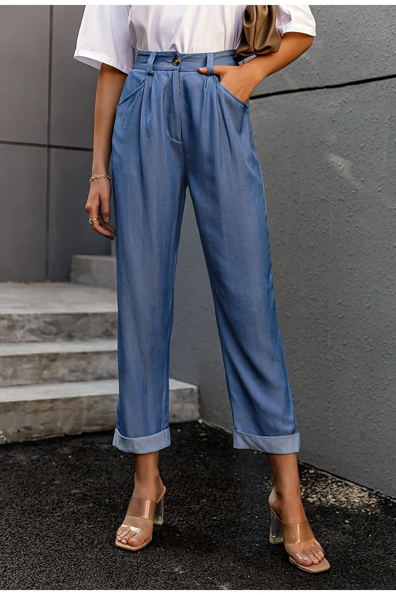 Loose straight solid button ladies pants - Pants - Uniqistic.com