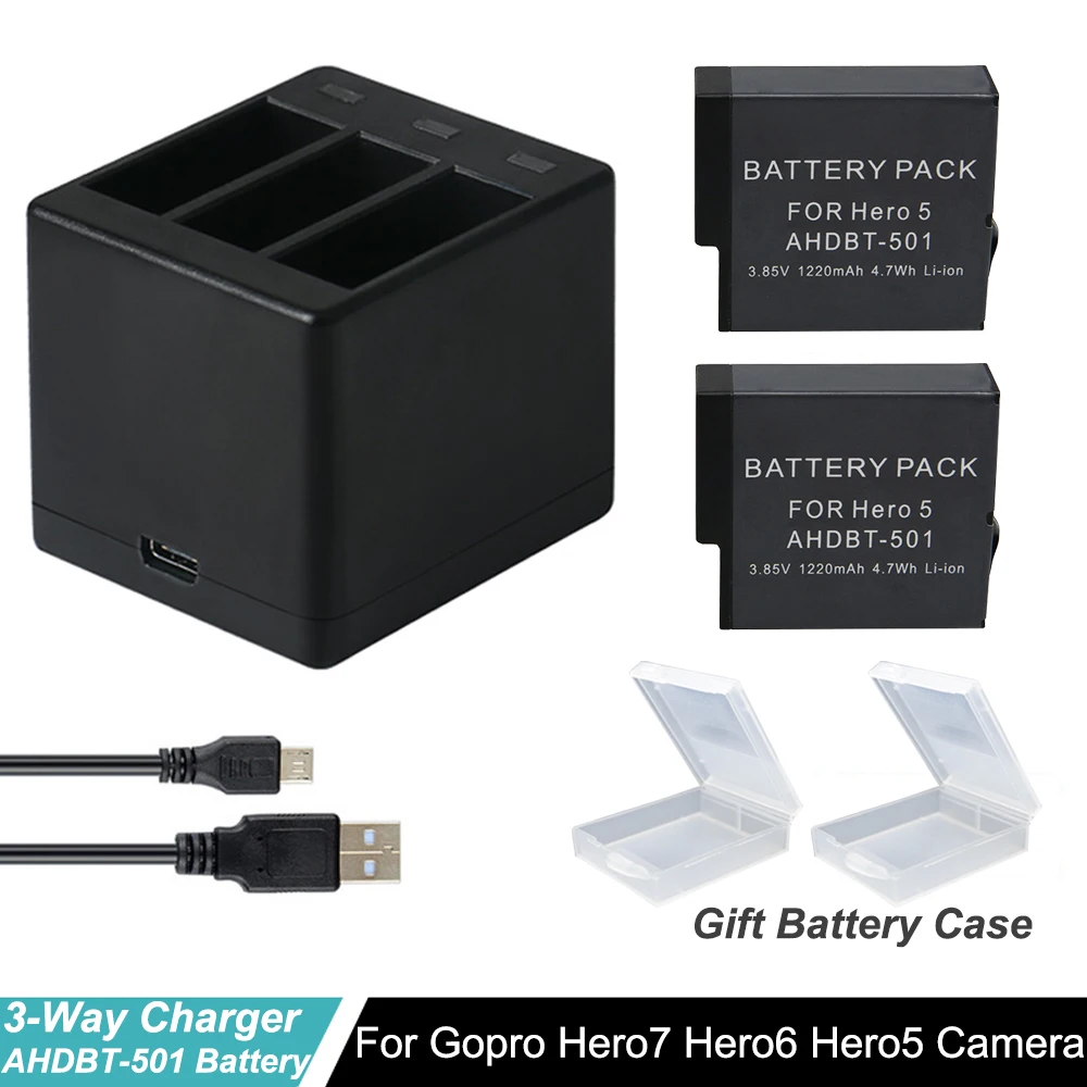 

2019 New 2PCS Go Pro Hero7 Hero 6 5 Battery + 3-Way Battery Storage Box Charger For GoPro Hero 7 Hero 6 5 Black Accessories