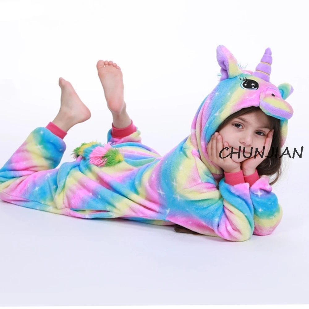 Новая Пижама с животными для девочек, детские зимние пижамы с единорогом и радугой, комбинезоны с единорогом, комбинезоны, детская одежда для сна с изображением панды