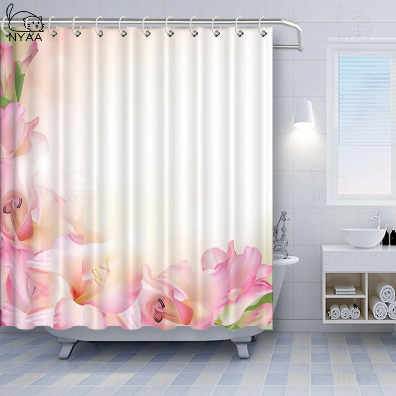 Vixm Pink and White Shower Curtain Orchid Blossoms Corner Ornament on a