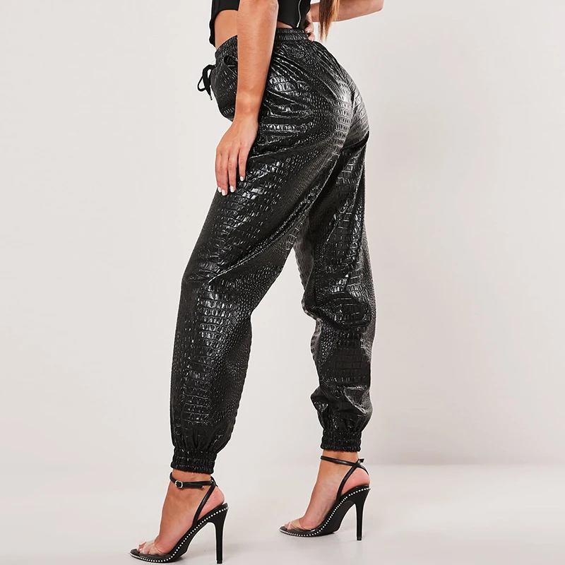 InstaHot шаровары брюки для женщин искусственная кожа свободные Jogger Mujer черный высокая уличная эластичный пояс повседневные армейские уличная одежда