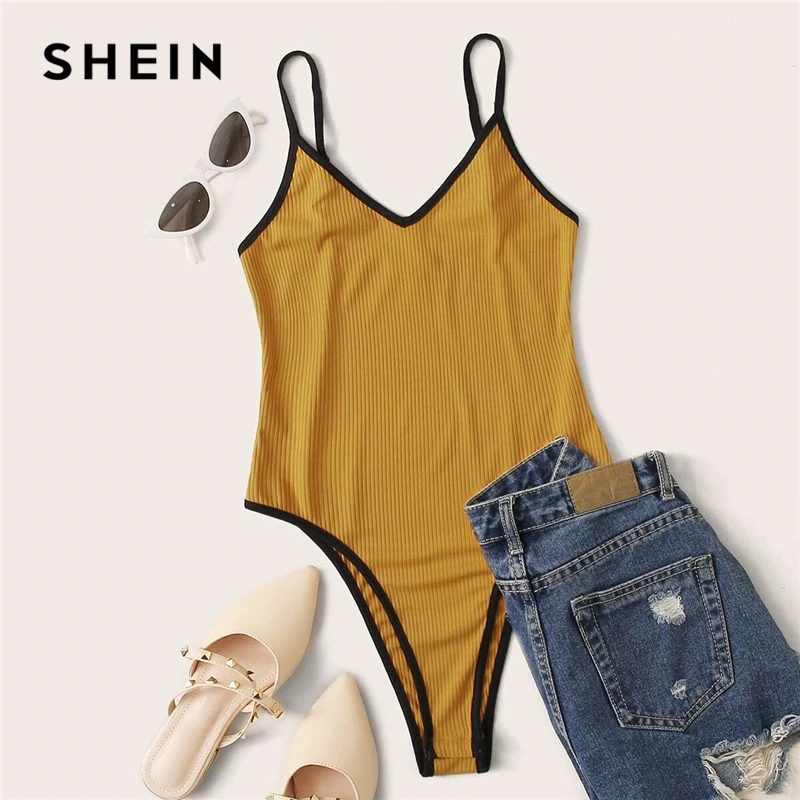 SHEIN Yellow Contrast Binding Rib-knit Cami Bodysuit Women 2020 Summer Sleeveless High Waist Casual Skinny Bodysuits SHEIN Yellow Contrast Binding Rib-knit Cami Bodysuit Women 2020 Summer Sleeveless High Waist Casual Skinny Bodysuits