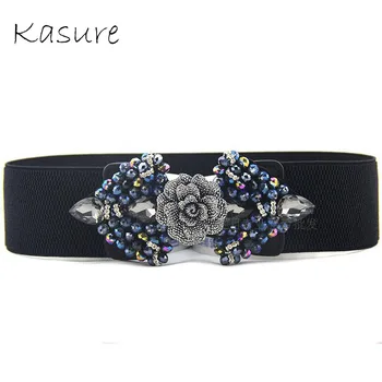 

KASURE Women's Floral Rhinestone Belts Stretch Beaded Bling Waistband Wide Belt For Dress decoration