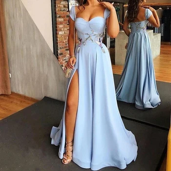 

Light Sky Blue Satin Prom Dress Long 2020 Robe de soiree applique Sexy Slit Evening Dress A-Line Party Gown Gala Formal Dress