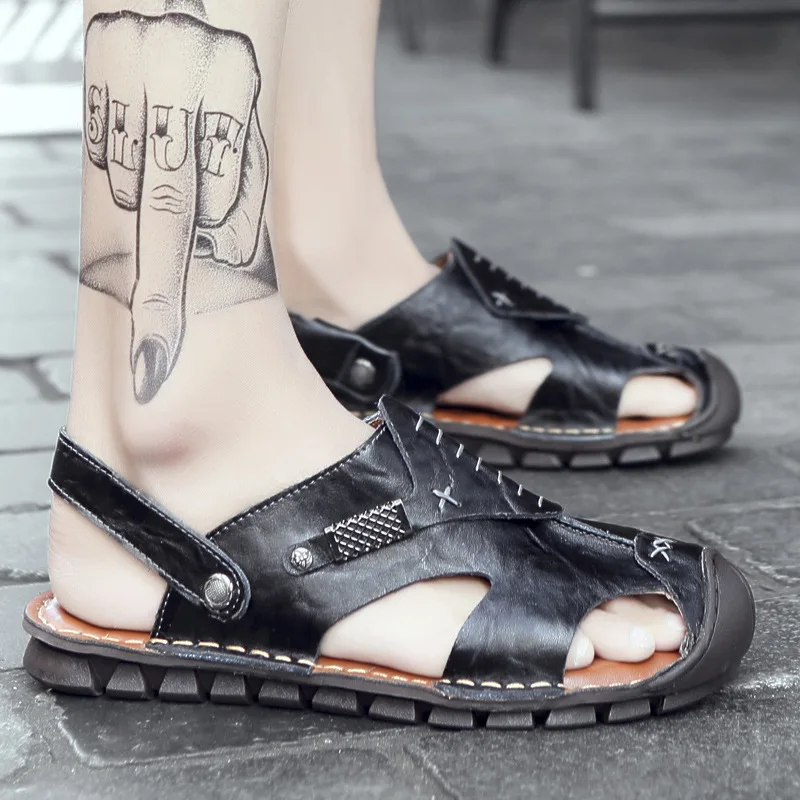 

Man Sandals Genuine Leather 2020 The Trend Of Summer Leisure Time Baotou Men's Personality Soft Bottom Leather Shoes Male