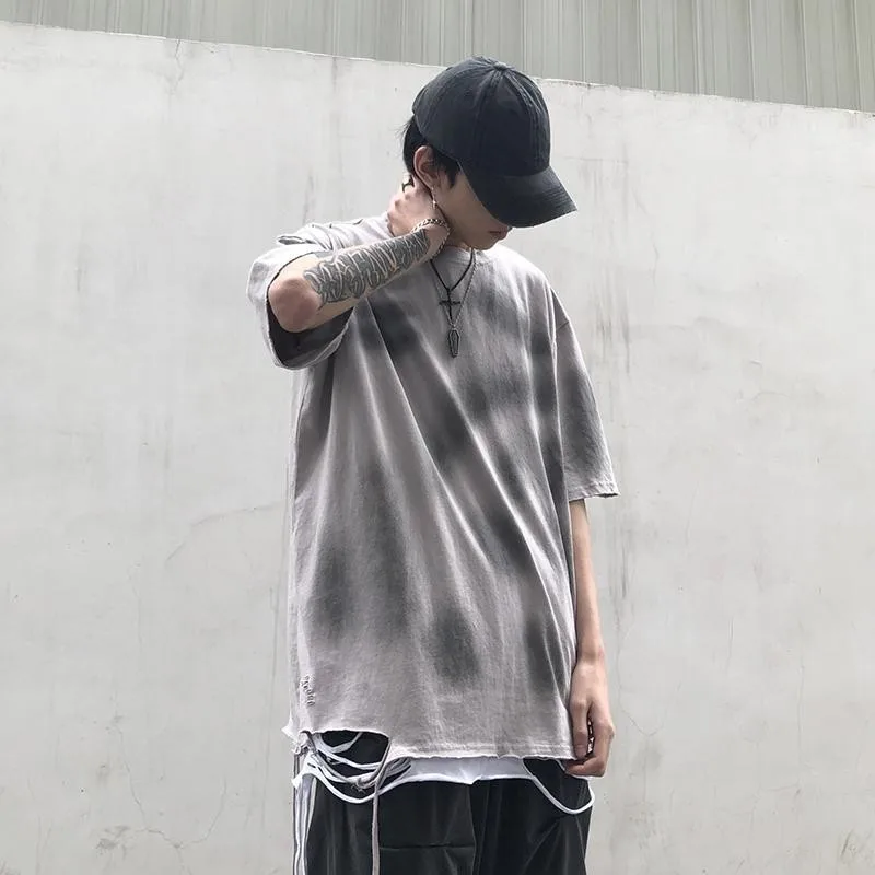 

NiceMix irregular tie-dye hem hole short-sleeve t shirt mens clothing streetwear tshirt tiktok clothes t-shirt oversized tees