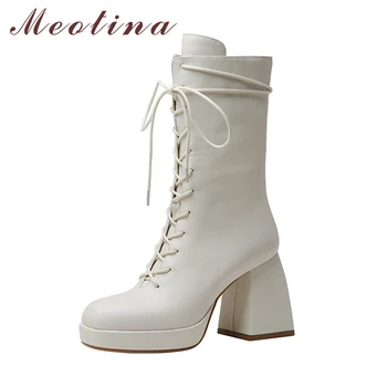 

Meotina Real Leather Platform Super High Heel Mid Calf Boots Woman Shoes Square Toe Zip Cross Tied Block Heel Lady Boots Beige
