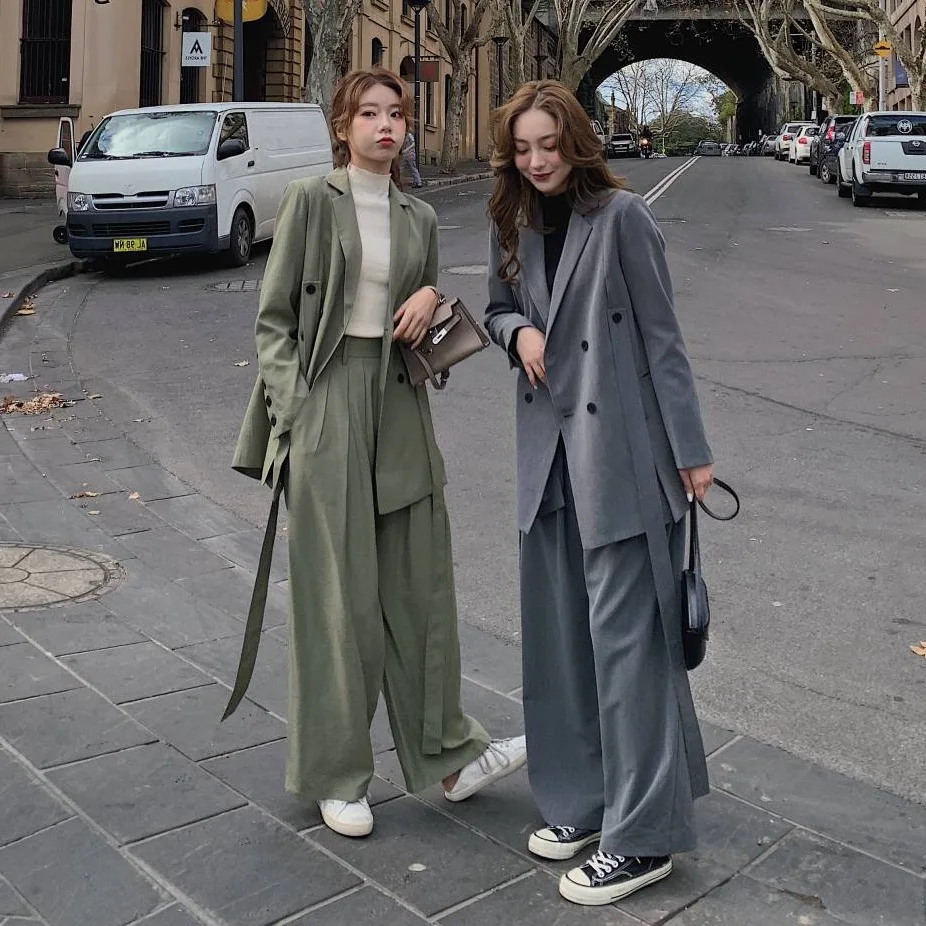

Photo Shoot CHIC Matcha Green Mid-length Suit Collar Double Breasted Waist Hugging Lace-up Wide-Leg Trousers Small Suit WOMEN'S
