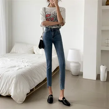 

Real shot 2020 new fashion temperament high waist irregular jeans casual stretch skinny feet nine points pencil pants
