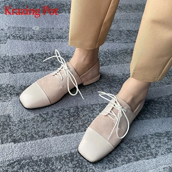 

Krazing pot 2020 new large size natural leather flock low heels square toe lace up deep mouth solid spring summer pumps L0f2