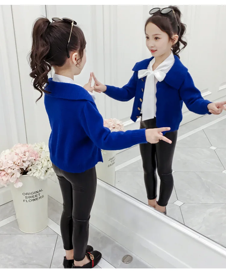 Новинка года; Стильная Детская куртка в Корейском стиле осенняя одежда для девочек Вязаный Кардиган; Детский свитер с отложным воротником
