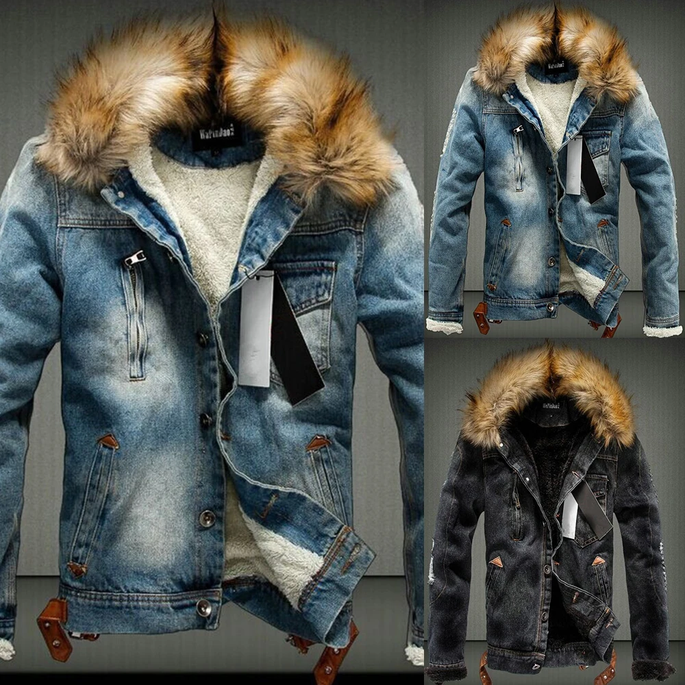 Синяя мужская джинсовая куртка на зиму и весну из искусственного меха, утолщенное мужское джинсовое пальто с пуговицами, верхняя одежда, теплая флисовая мужская куртка-бомбер, верхняя одежда, уличная одежда