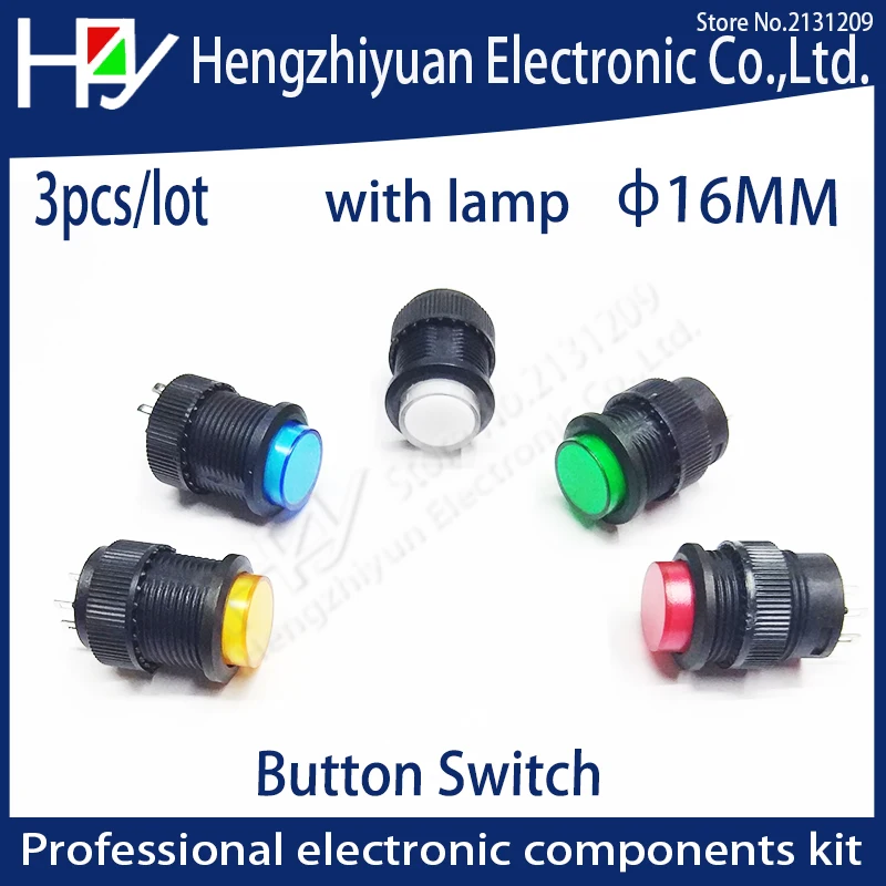 Hzy 16mm Self-locking push button switch with LED ON-OFF blue Green Red Yellow with lamp recovery button switch 3A125V AC 4 pins