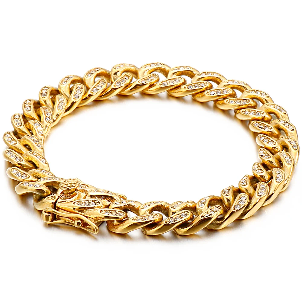 

11mm Hiphop Miami Gold Curb Cuban Chain Bracelets For Men Women Punk Stainless Steel With CZ Zircon Bangle Jewelry Accessories