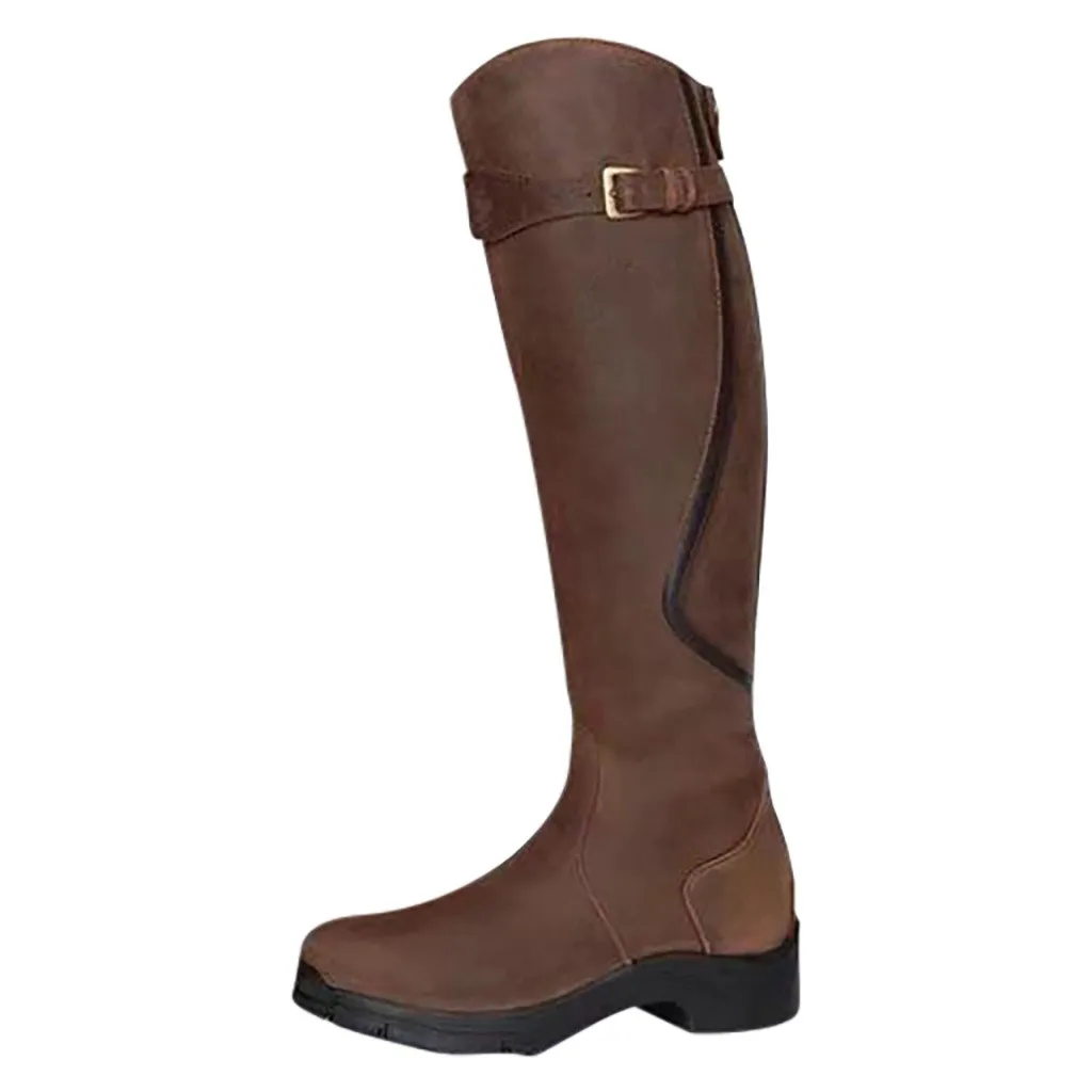 Зимние сапоги до бедра; цвет коричневый; женские винтажные сапоги до колена на квадратном каблуке и молнии; теплые сапоги с круглым носком и пряжкой; botas mujer;#1022 - Цвет: BW
