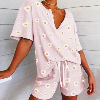 

Two Piece Women Sleepwear Set Casual Short Sleeved Daisy Print Top + Fashion Lace Up Shorts Autumn New Sleepwear Sets