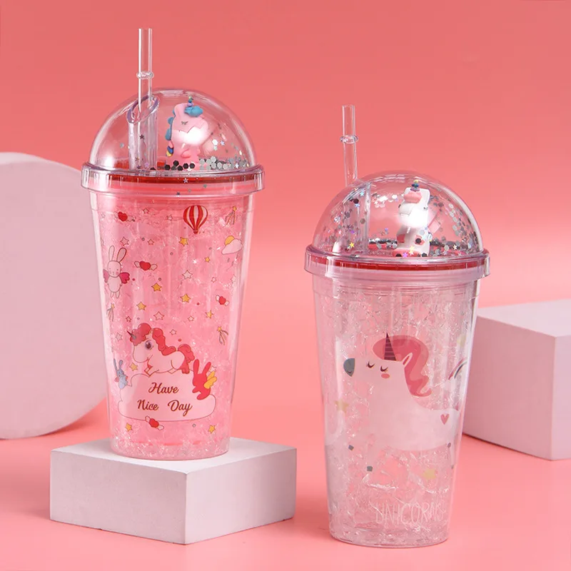 Unicorn Ice Cup With Straw Kawaii Pink Double Layer Clear Water