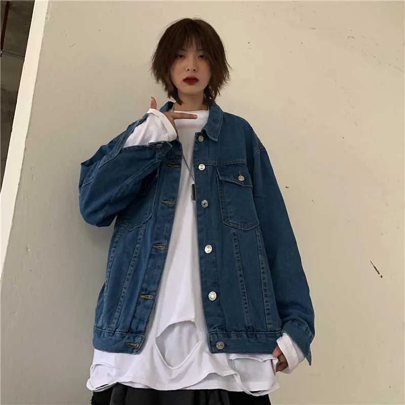 NiceMix джинсовая куртка женские свободные пальто с длинными рукавами Boyfriend Harajuku Весна Осень Новые джинсовые пальто женские высокого качества