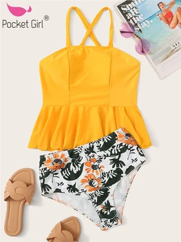 

Pocket Girl 2020 High Waist Swimsuit Bikinis Women Bandage Top Push Up Swimwear Female Bathing Suits Ruffle Beach Wear Biquini