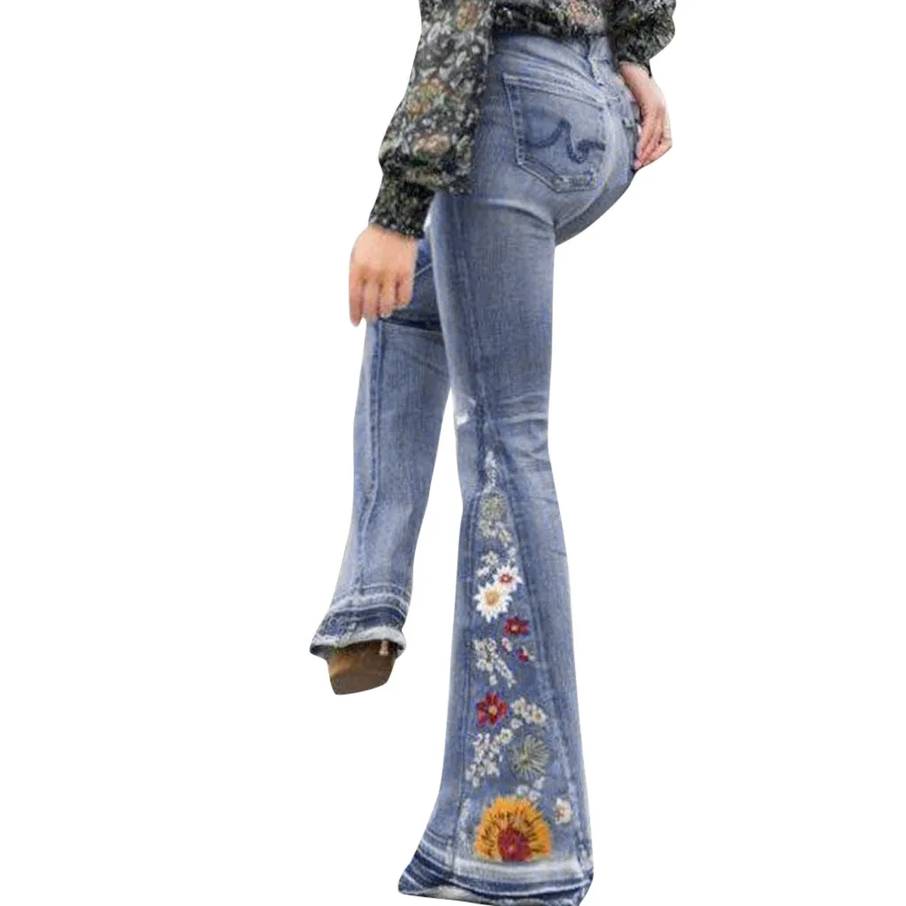 Women's Jeans Embroidery Slim Stretchy Denim Waist Jeans Oversized Long Flare Pants Light Blue Trousers For Women#J30