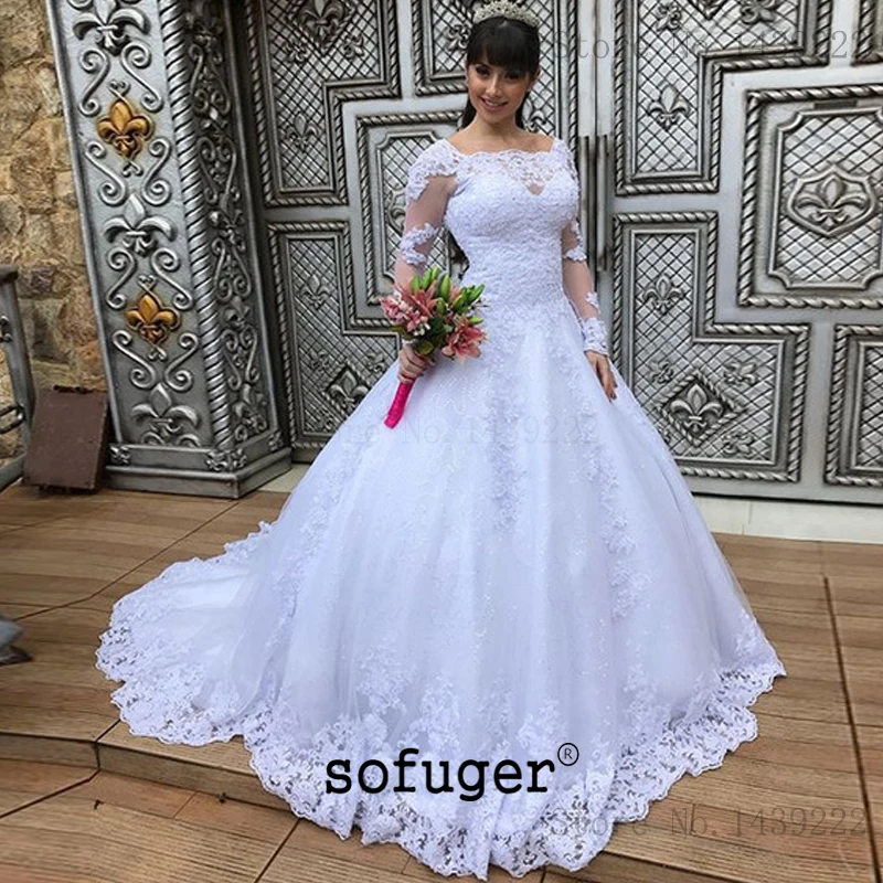 Белое с глубоким круглым декольте винтажное платье Vestidos De Novia casamento с длинными рукавами кружева сзади Свадебные платья бальное платье свадебная Кружевная аппликация платье Robe De Mariee