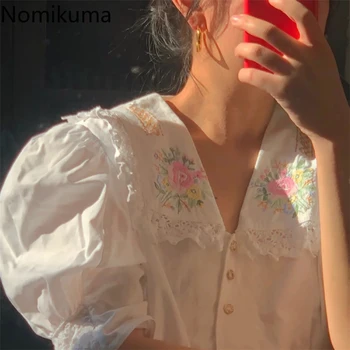 

Nomikuma 2020 Spring Summer Women Blouse Floral Embroidery Turn Down Collar Shirt Puff Short Sleeve Korean Sweet Blusa Top 6A233