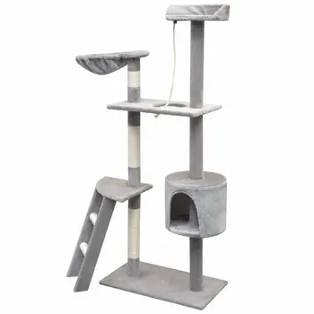 

Cat Tree with Sisal Scratching Posts 150 cm Grey With Ladder House Hammock Feature-packed Cats' Play Center Multi-storey