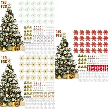 

120 pcs Christmas Tree Decoration Pendant Plastic Flower Simulation Flower Set Pendant Christmas Glitter Artificial Flowers