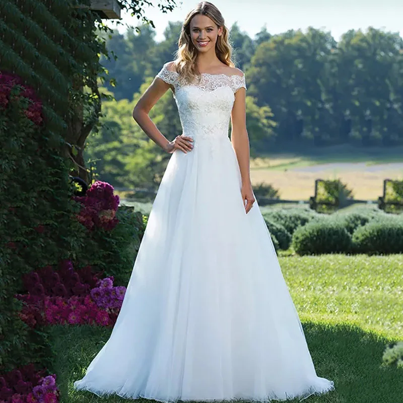 

Eightree Off The Shoulder Boat Neck Wedding Dress Boho A Line Tulle White/Ivory Appliques Vestido De Noiva Bridal Dress Gown