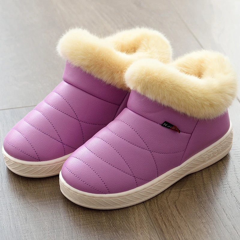 Зимняя мужская обувь; теплые плюшевые водонепроницаемые ботильоны; Мягкие хлопковые зимние ботинки из искусственной кожи; домашние тапочки для влюбленных; большие размеры - Цвет: Violet