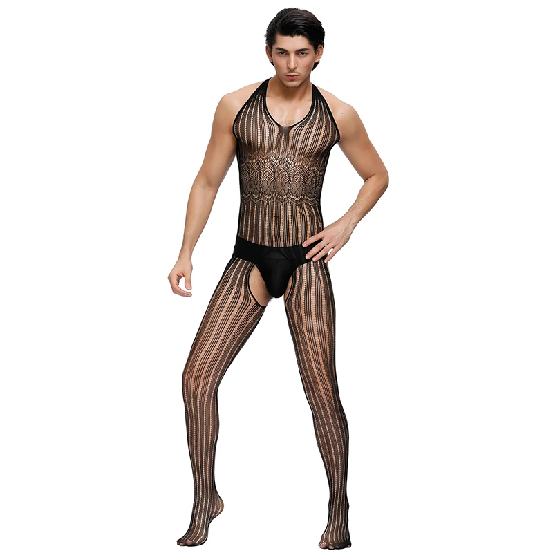 

Stripe Open Back Fishnet Body Stocking Halter Crotchless Men Bodystocking Pantyhose Latex Gay Transparent Sexy Intimates MPS156